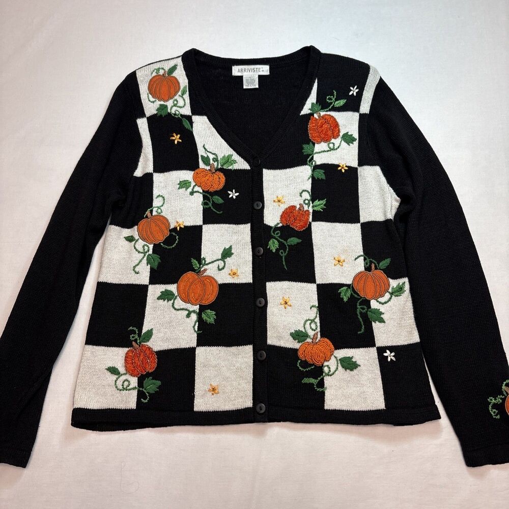 Arriviste Fall Season Cardigan Sweater Black with Pumpkin embroidery Sz Large